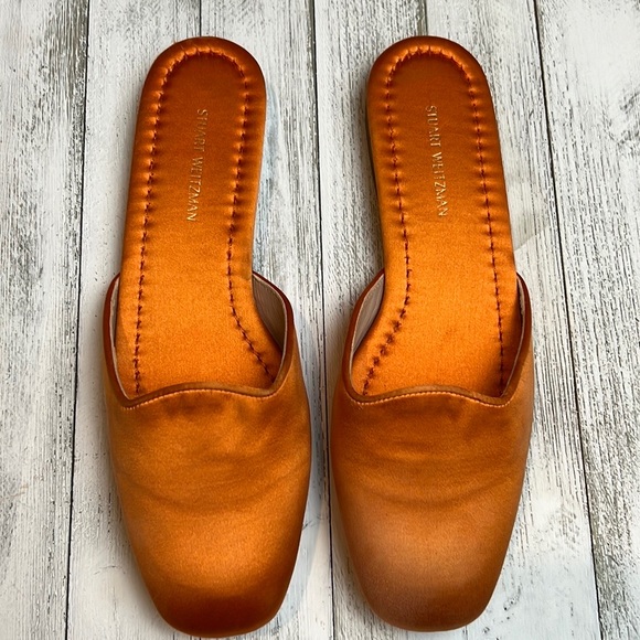 Stuart Weitzman Muletown Round Toe Mules Slip On Flat Orange Satin - Picture 12 of 16